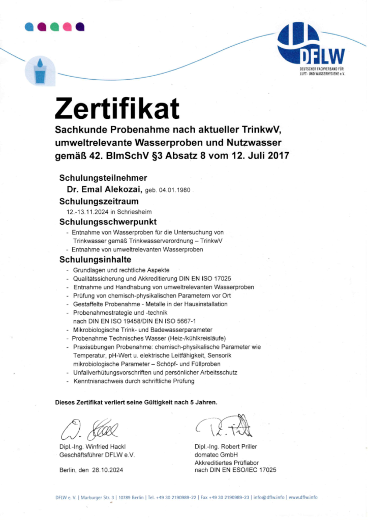 Sachkunde Probenahme nach aktueller TrinkwV, umweltrelevante Wasserproben und Nutzwasser gemäß 42. BlmSchV §3Absatz 8 vom 12. Juli 2017