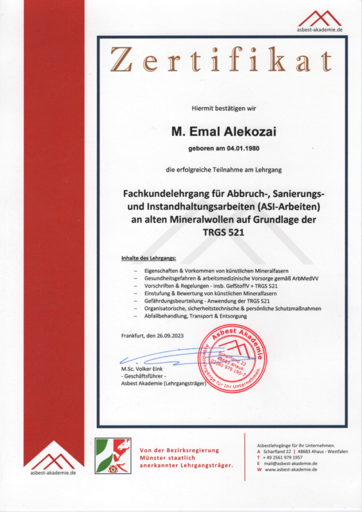 Sachkunde alte Mineralwolle (TRGS 521)