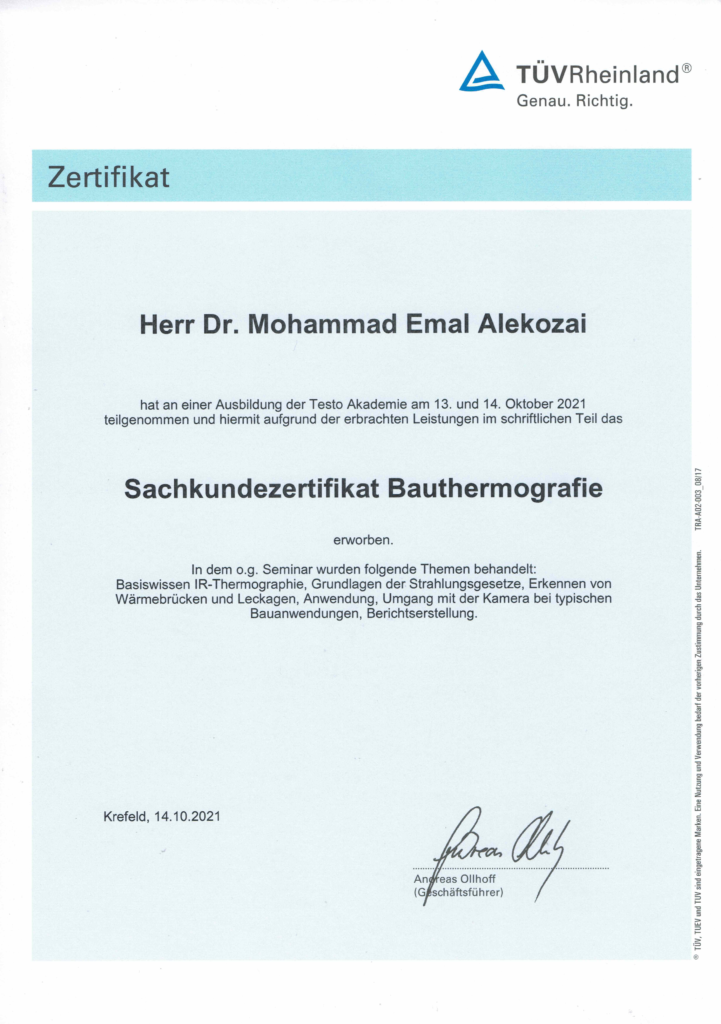 Sachkundezertifikat Bauthermographie (TÜV Rheinland)