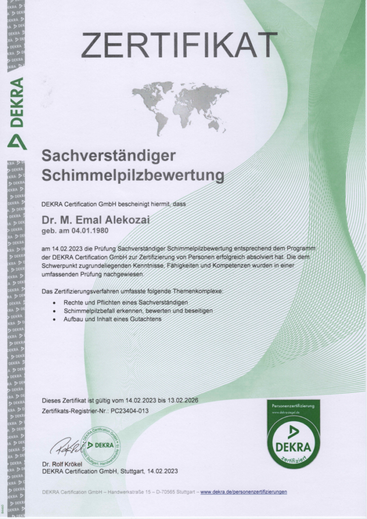 Sachverständiger Schimmelpilzbewertung (DEKRA Certification GmbH)