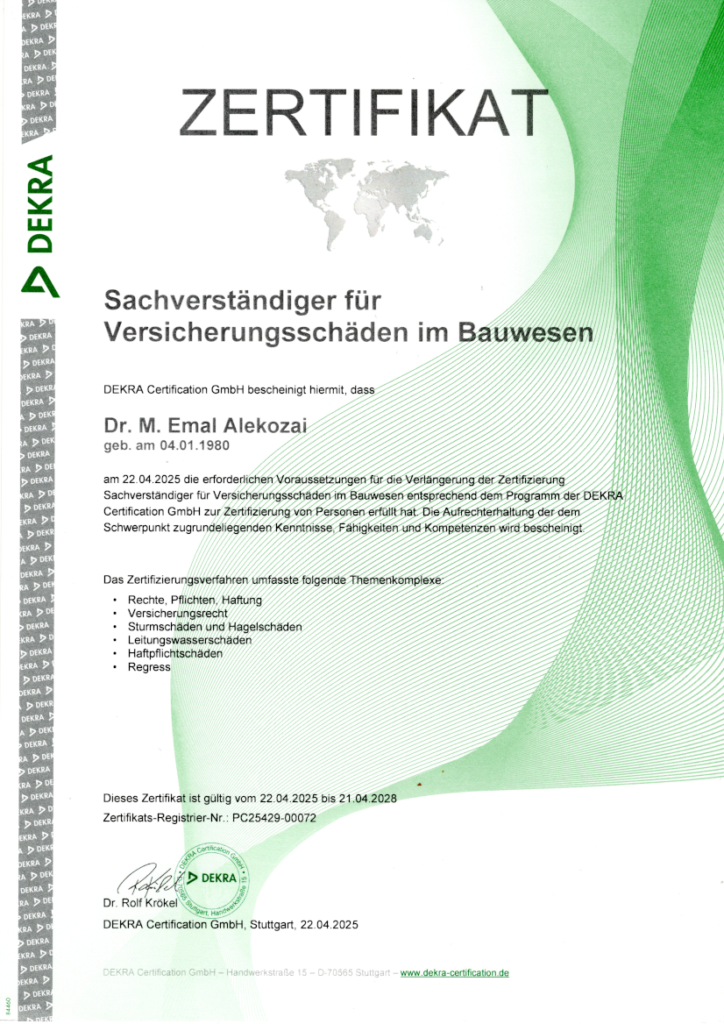 Sachverständiger für Versicherungsschäden im Bauwesen (DEKRA Certification GmbH)