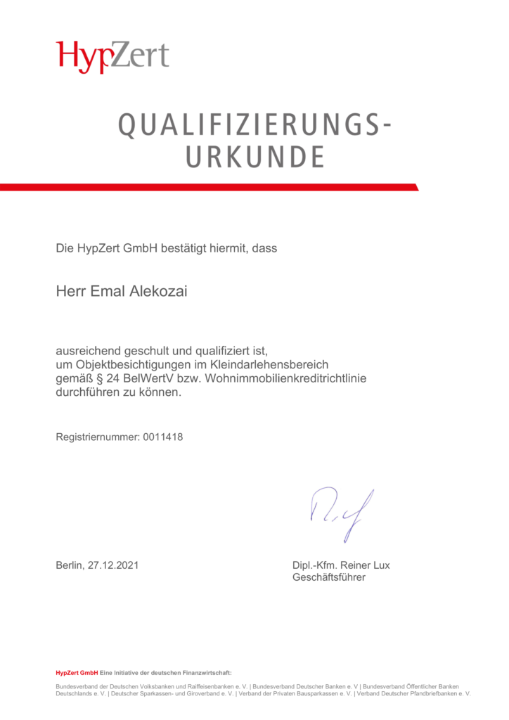 HypZert Objektbesichtiger im Kleindarlehensbereich
